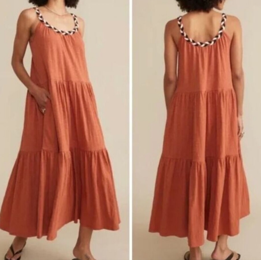 Marine Layer Andrea Braided Neck Knit Tiered Dress SzS Baked Clay